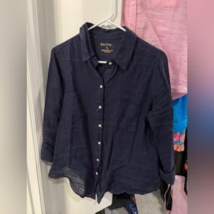 Lilly Pulitzer Sea View Linen Button Down Shirt Top, Navy - Size Small
